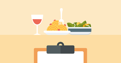 Illustration of salad pasta wine and clipboard