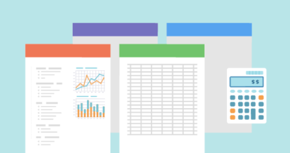 Illustration of calculator and variety of charts and spreadsheets