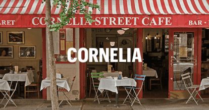 A photograph of Corneila Street Café's porch and in bold text 
