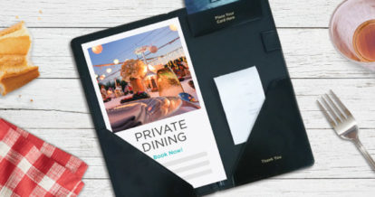 Private dining invitation tucked inside bill fold