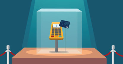 Illustration of a payment terminal and payment card under a glass case display under a spotlight