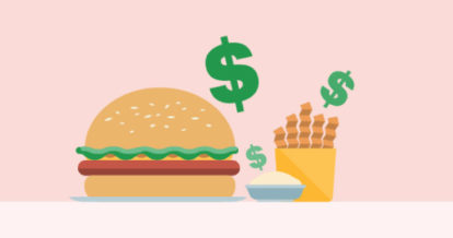 Illustration of burger, fries, dip, and dollar signs