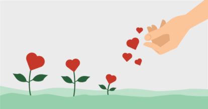 Illustration of hand tending to a garden of hearts