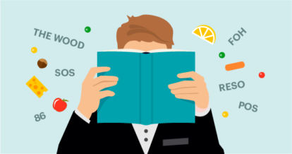 Illustration of man reading a book and background with food and restaurant lingo words