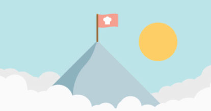 Illustration of flag planted on mountain top above the clouds