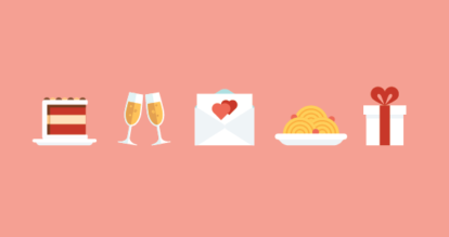 Cake, champagne, a love letter, spaghetti, and a gift displayed in a row on the screen.