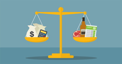 Illustration of scales balancing food drink menus and money