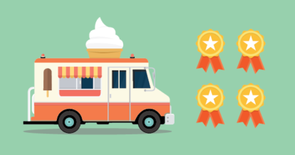 Illustration of food truck with four license certificate seals