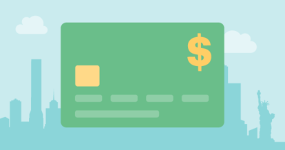 Illustration of a payment card with a dollar sign, chip, and a nyc sky line in the background