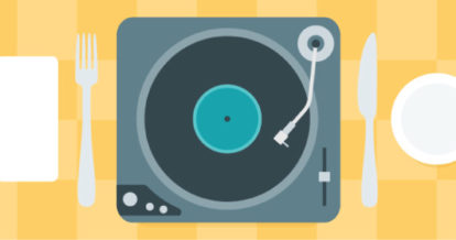 Illustration of a table place setting with a record player at the center