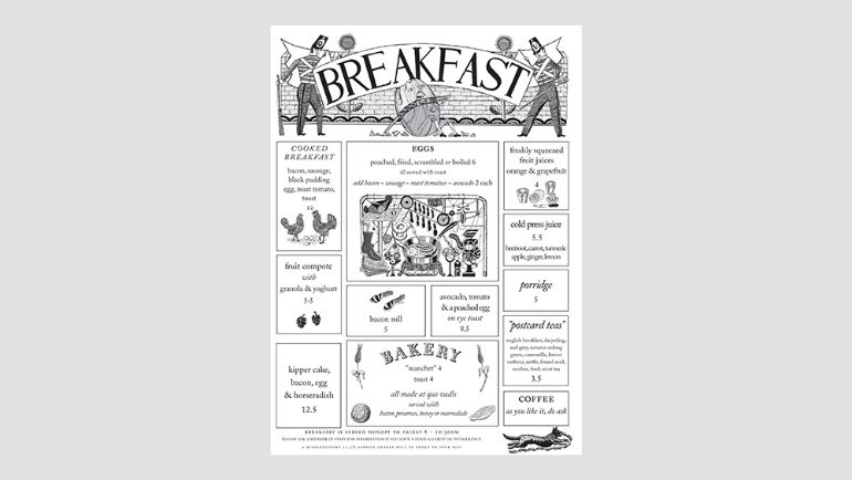 A black and white breakfast menu with an old timey feel