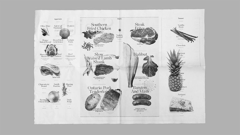 A menu with old timey illustrations of food