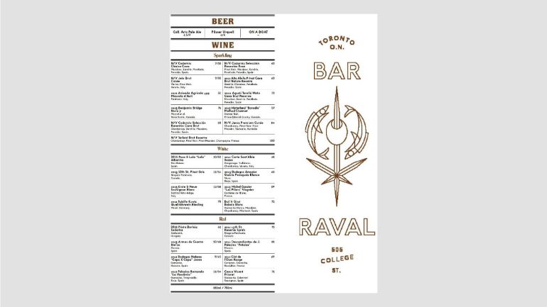 A menu with dishes/drinks on the left side and graphics on the right