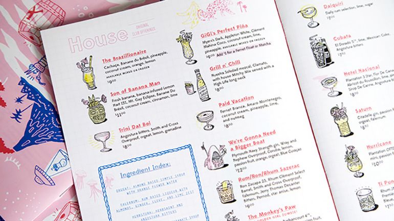 A menu with fun illustrations for each dish
