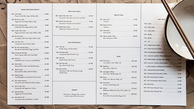 A simple black and white menu laid out in a grid