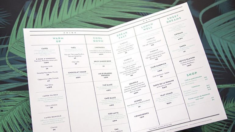 A simple black and white menu with the dishes laid out in columns