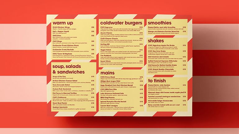 A menu divided up into boxes with red and white stripes in the background