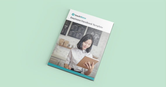 Cover of TouchBistro's employee handbook with girl holding an iPad on the cover