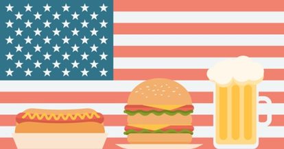 Illustration of hot dog hamburger and beer in front of an american flag
