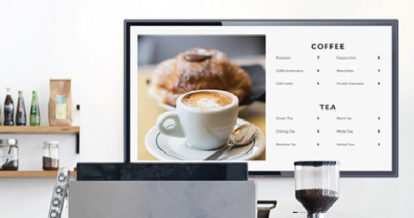 Image of digital menu board with coffee and pastry