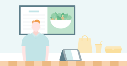 illustration of restaurant worker behind a counter with an iPad POS
