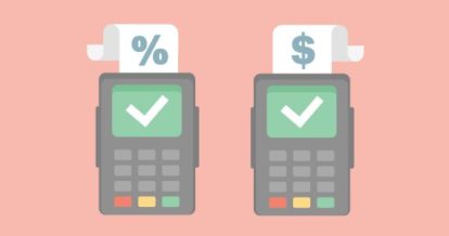 Illustration of a payment terminal with a percentage sign on the paper and another payment terminal with a dollar sign on the paper