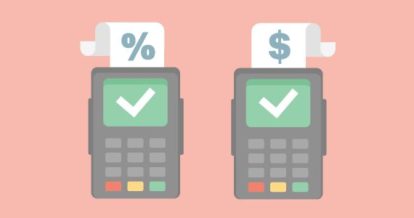 Illustration of a payment terminal with a percentage sign on the paper and another payment terminal with a dollar sign on the paper