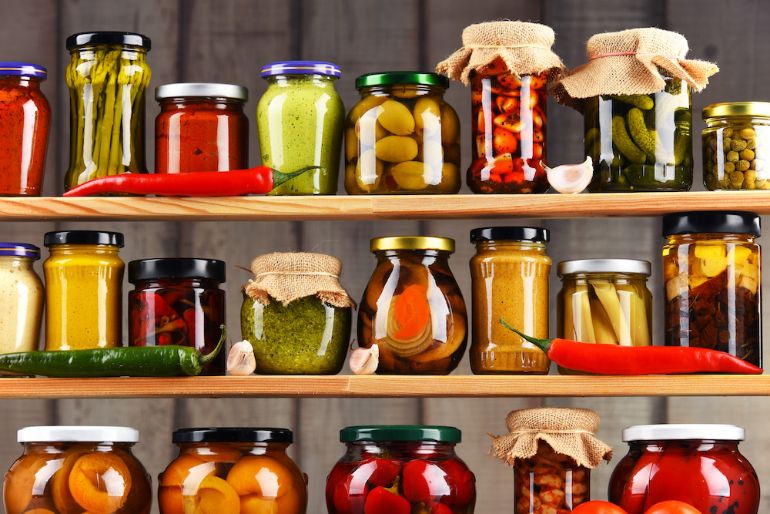 A variety of jars on shelves