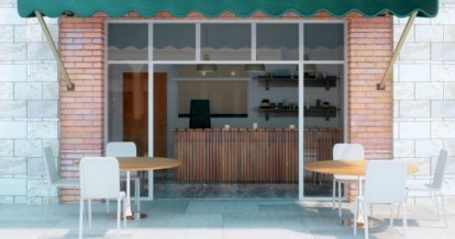 Restaurant storefront with empty patio seating