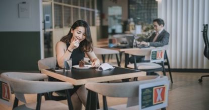 Diners social distancing in a cafe