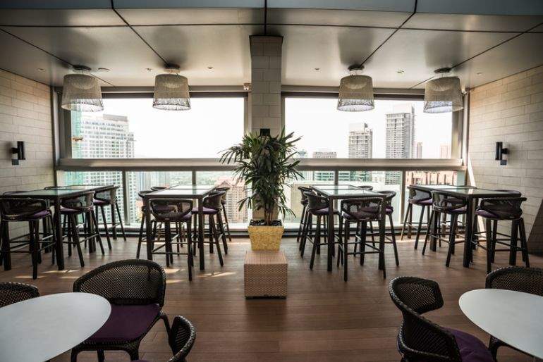 Interior of a small restaurant space from high up in a building