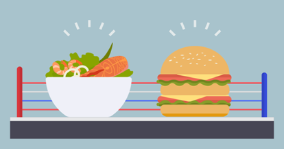 Illustration of a seafood salad bowl and a burger in a boxing ring