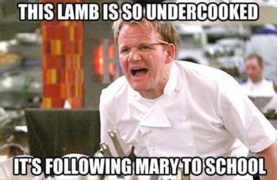 Lamb is so undercooked it followed mary to school meme