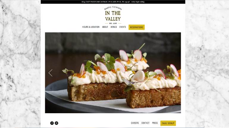 Restaurant homepage featuring photos of menu items