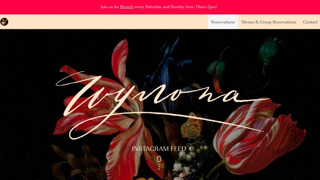 Wynona's website front page, featuring a floral design, and example of strong restaurant web design
