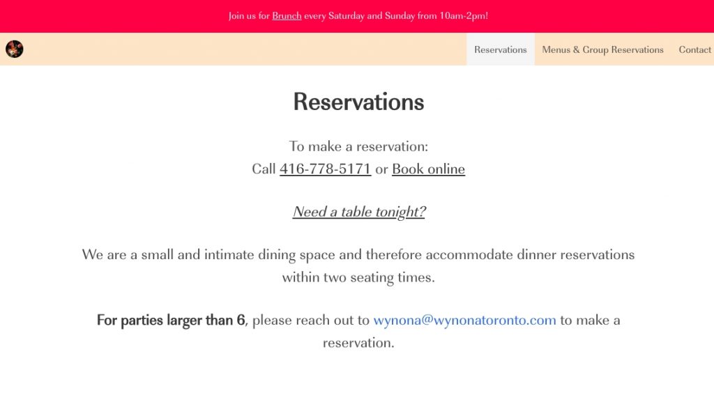 Wynona's online restaurant reservations page, white screen with red trim containing contact info