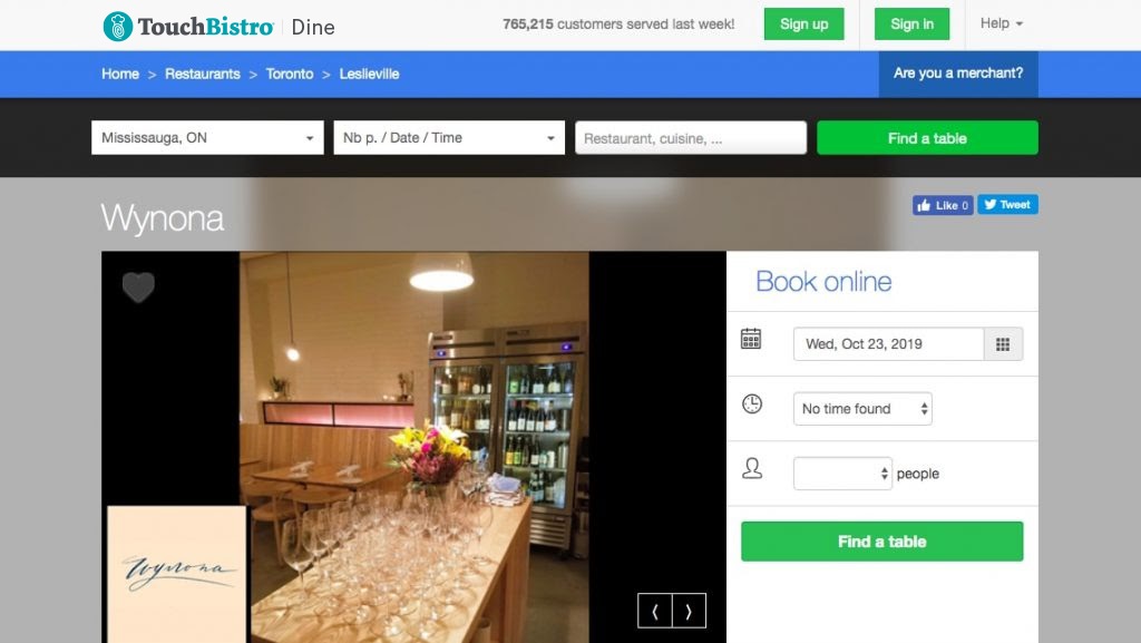 Screenshot showing a TouchBistro Dine booking page