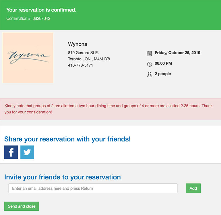 Wynona online restaurant reservation confirmation receipt
