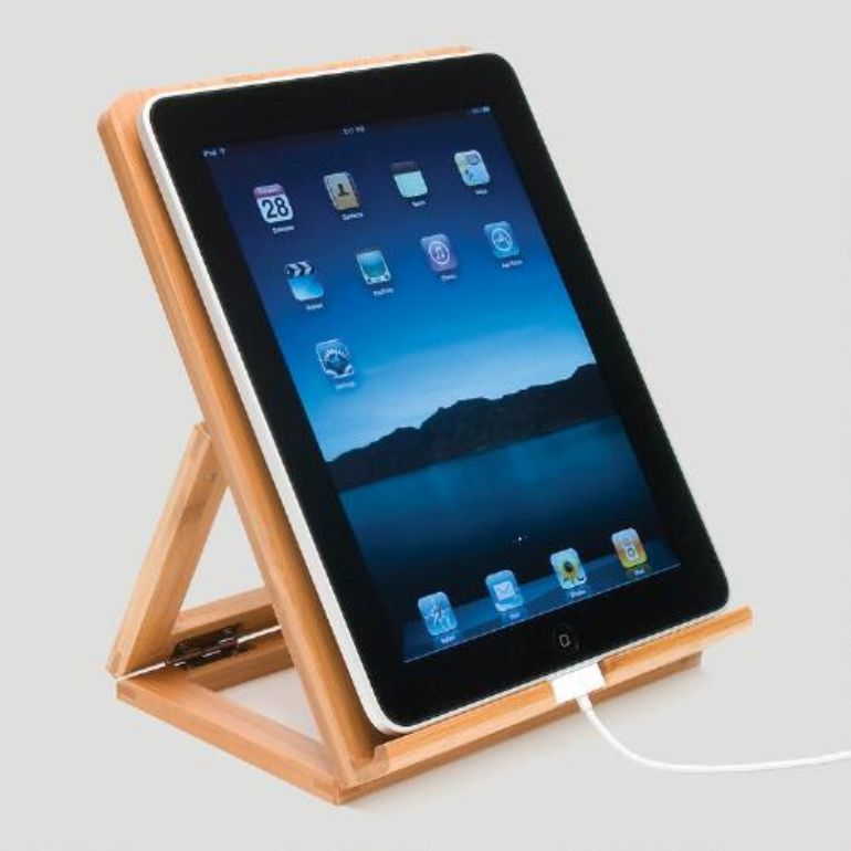 bamboo stand propping iPad at an angle