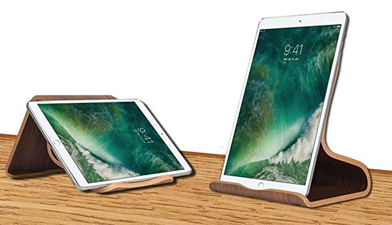 molded wooden iPad stand that supports horizontal and vertical viewing