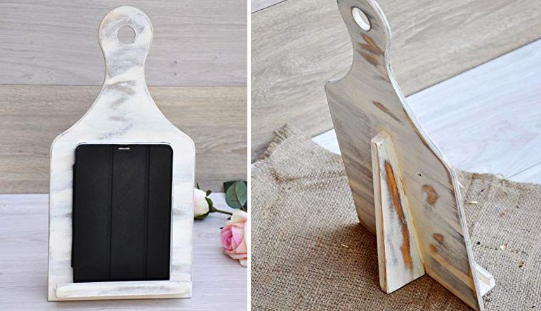 iPad stand in the shape of a cutting board with a worn pickled finish