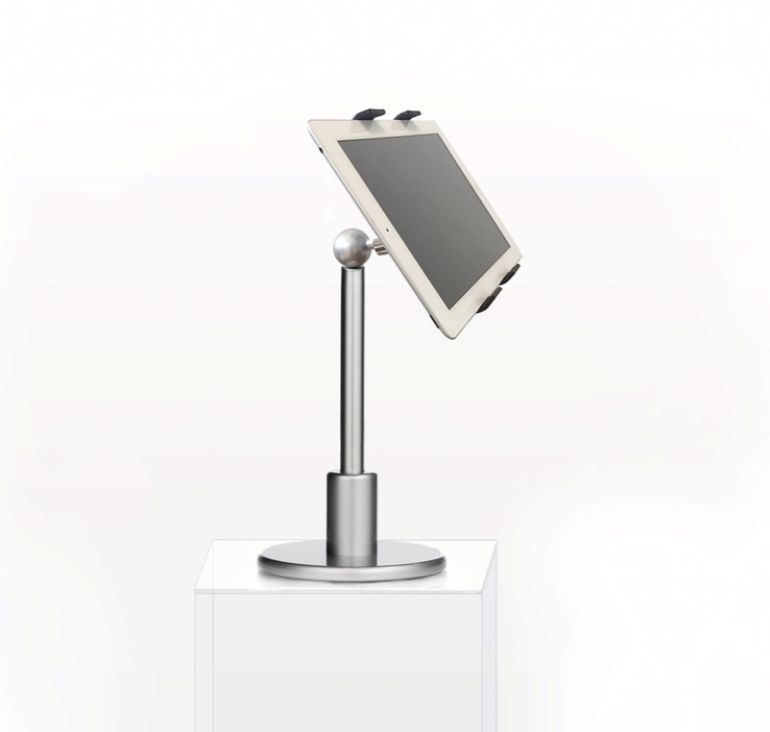 adjustable metal post holding iPad at an angle