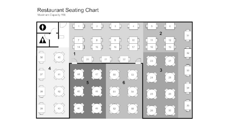 Restaurant floor plan for dining room seating.