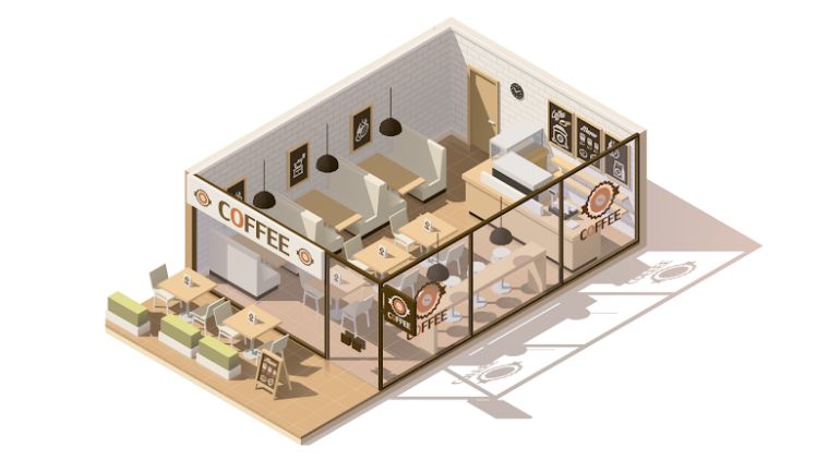 3D floor plan for coffee shop.