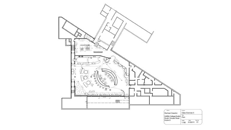 Angled dining room floor plan blueprint.