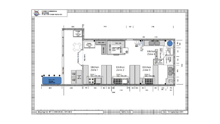 Zoned kitchen floor plan layout.