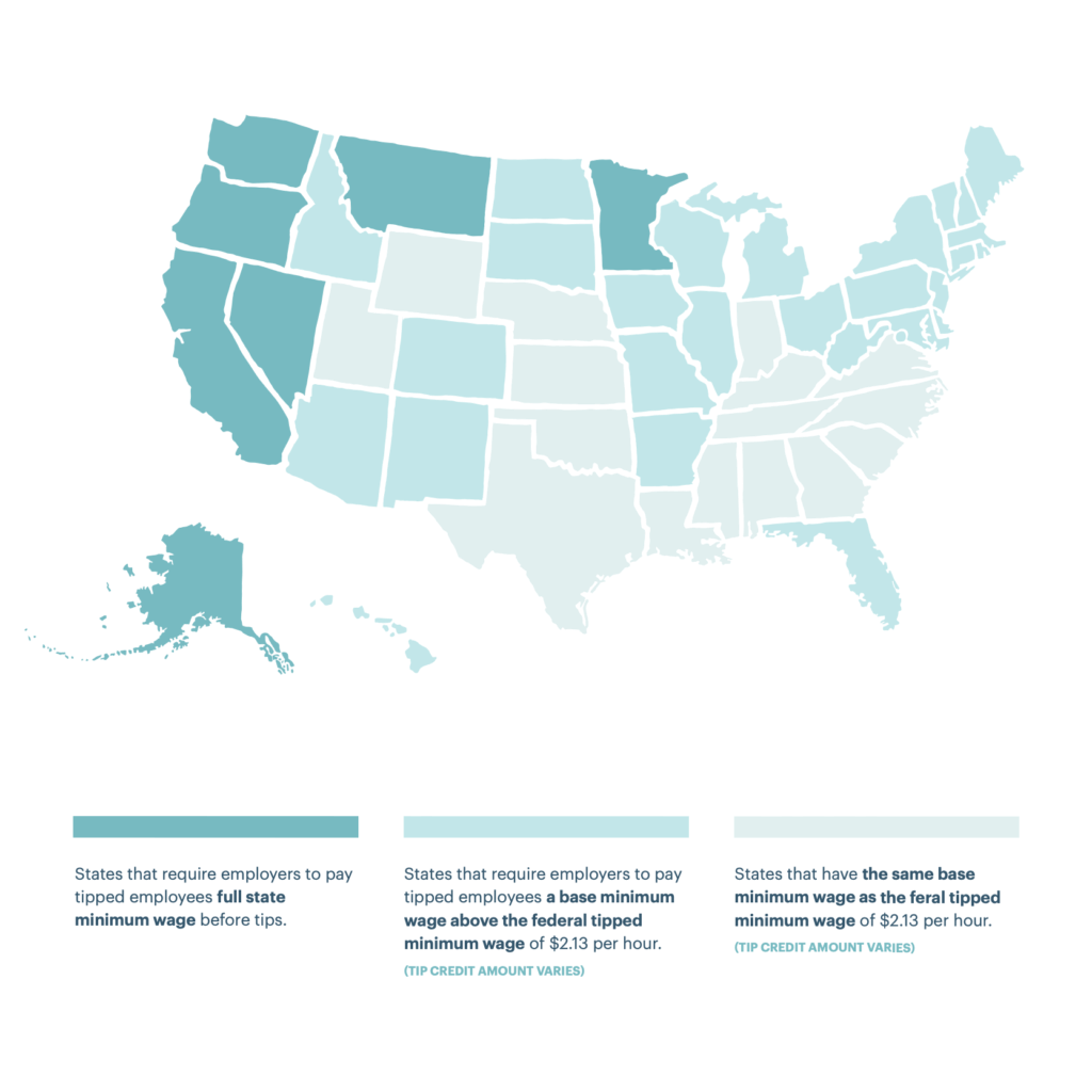 Map of tipped minimum wage rules by state