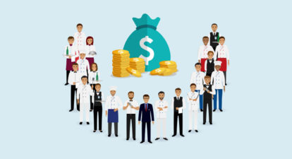 illustration of restaurant staff standing around a bag of money and coins