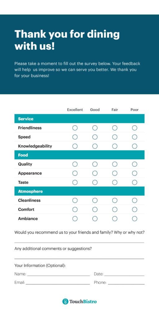 Restaurant comment card example by TouchBistro.