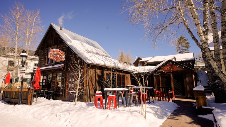Snowy exterior of the Tin Plate restaurant in Breckenridge, Colorado.